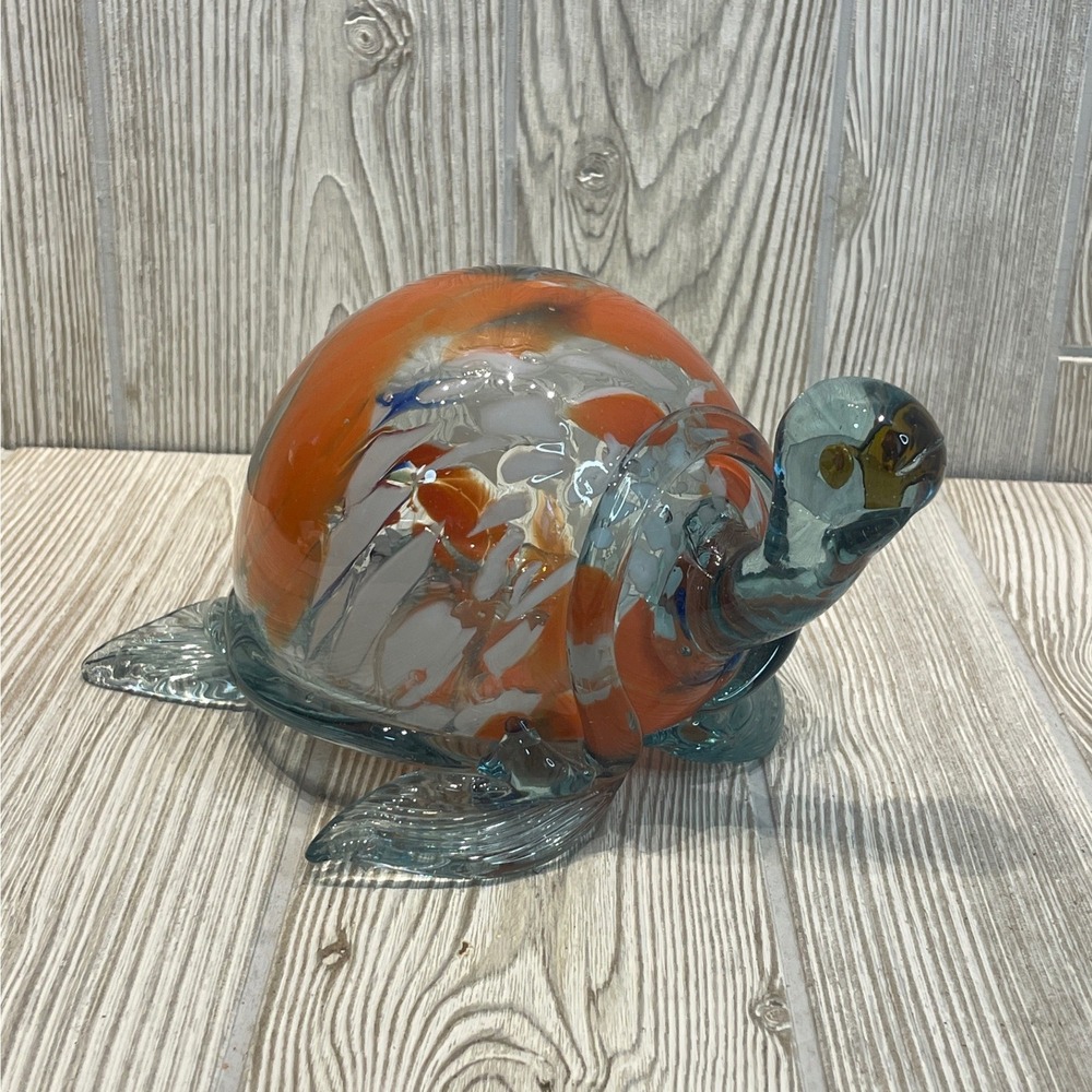 Art Glass Turtle Figurine Orange Blue White Confetti Splatter Paperweight 4.5"